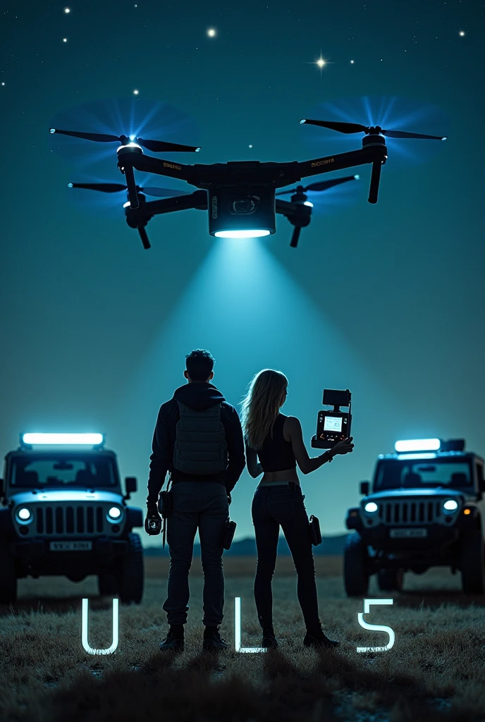 Create a picture of a man and a woman, who launch a large drone at night. There should be two vehicles in the background. The two people are supposed to hold remote controls with large antennas in their hands. 

The picture should say ULS at the bottom. 