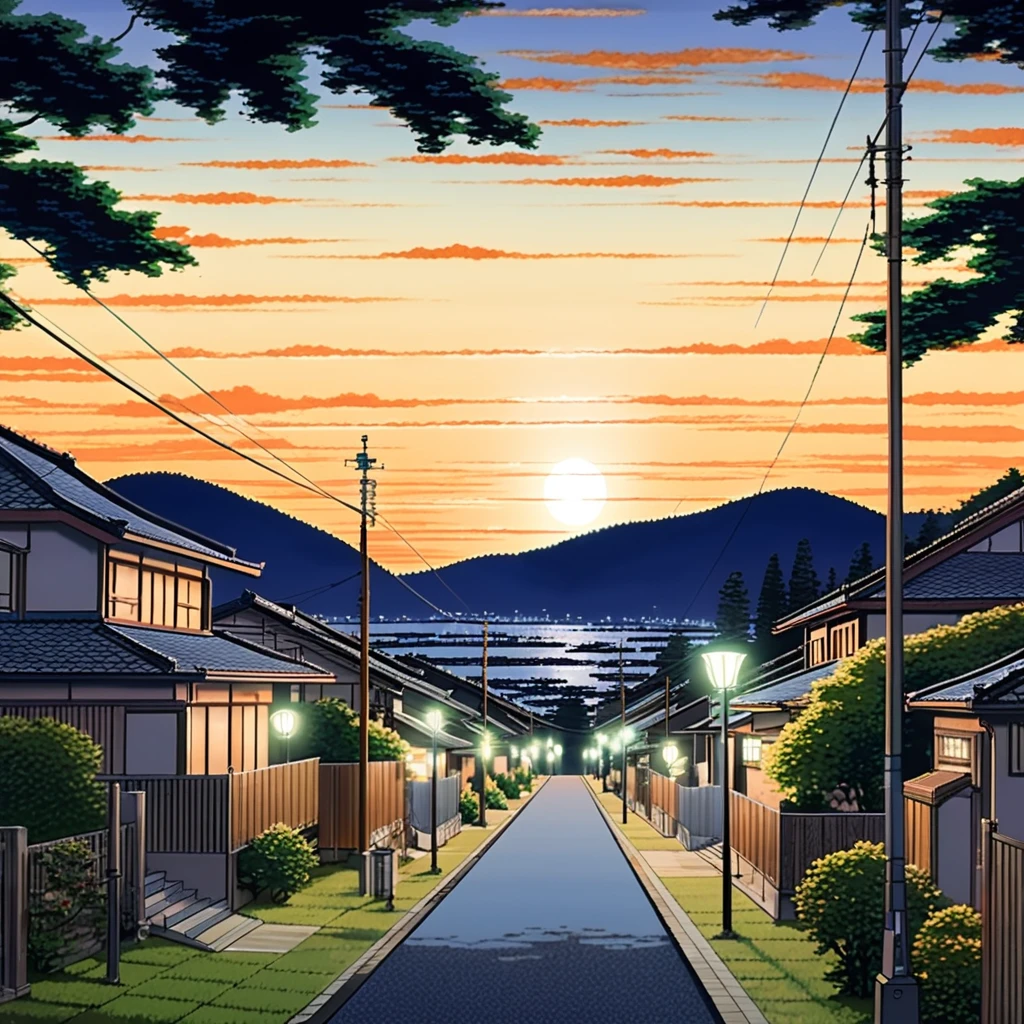 good night, Japanese summer night, early Showa era, late night, cool night, nostalgic atmosphere, row of houses,  ((masterpiece, highest quality, 4K))