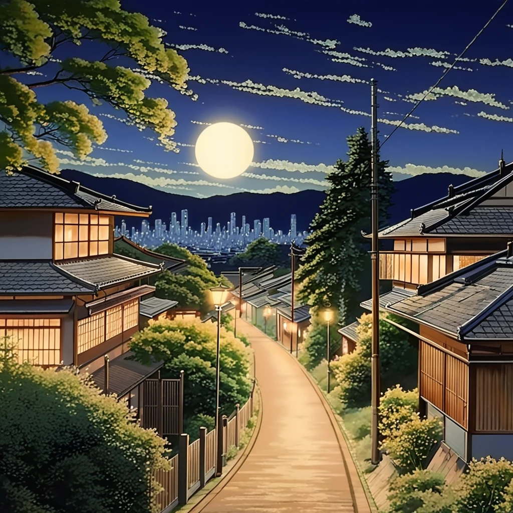 good night, Japanese summer night, early Showa era, late night, cool night, nostalgic atmosphere, row of houses,  ((masterpiece, highest quality, 4K))