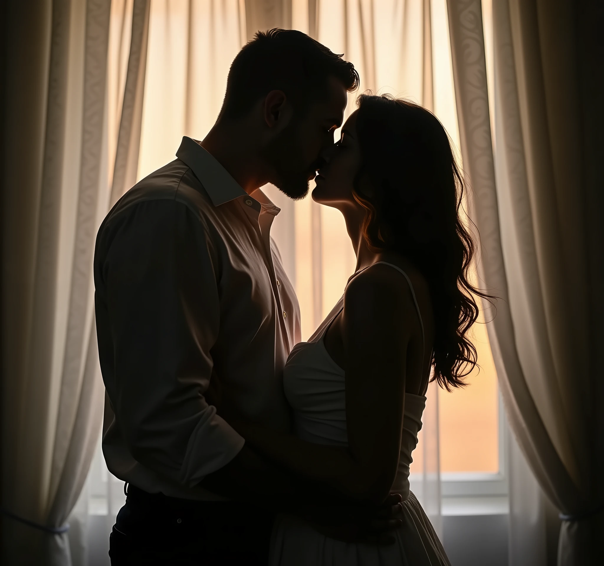 make a shadow of two people kissing behind the curtain, it should be visible that it is a man and a woman kissing, uniform background