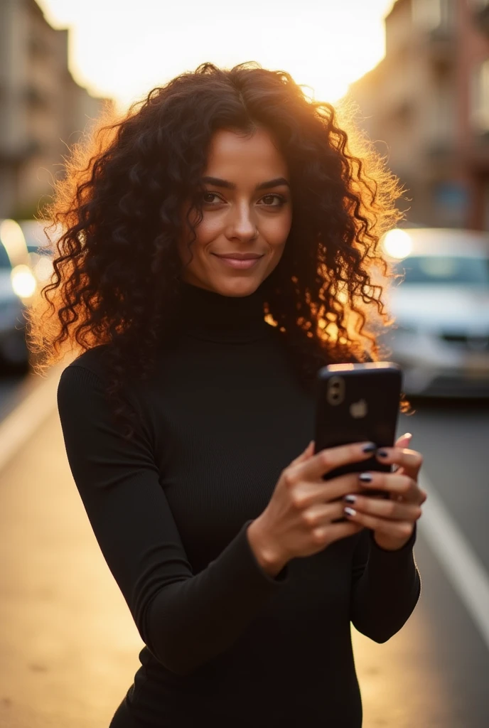 A brunette girl with curly hair and big breasts tight turtleneck pokies, taking a realistic photo