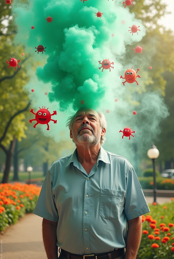 Image of a middle-aged person with transparent greenish smoke coming out of his mouth representing his bad breath and several germs around him .the image is creative, colorfully, several details
.The environment is clear