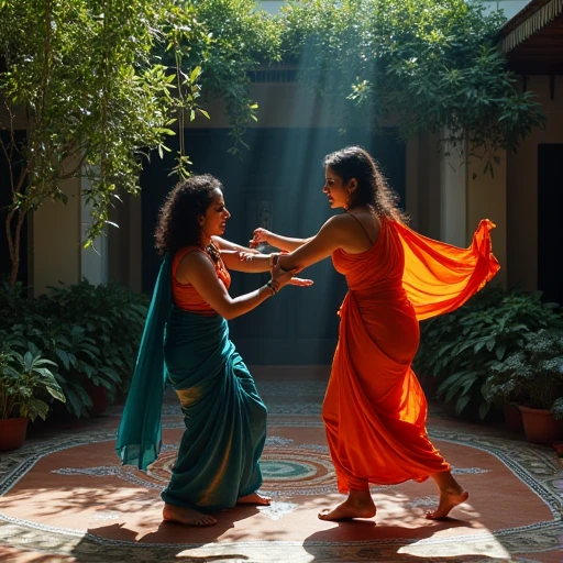 2  indian women grappling wearing saari 