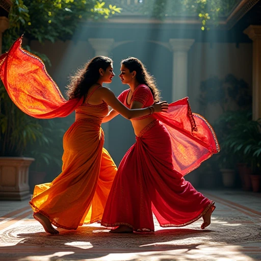 2  indian women grappling wearing saari 