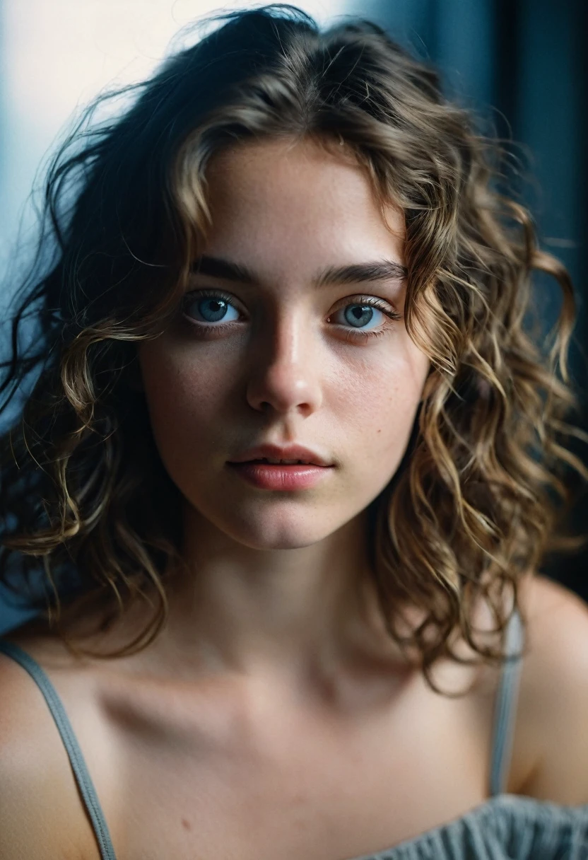 Portrait photography in cinema, 1 girl, bare shoulders, shoulder length wavy hair, serene, tranquility, (Realistic detailed eyes, Natural skin texture, Realistic facial details), Soft dramatic lighting, depth of field, hips, Vivid details, finely detailed, hyperrealistic, 35mm film, Foggy blur, movie,