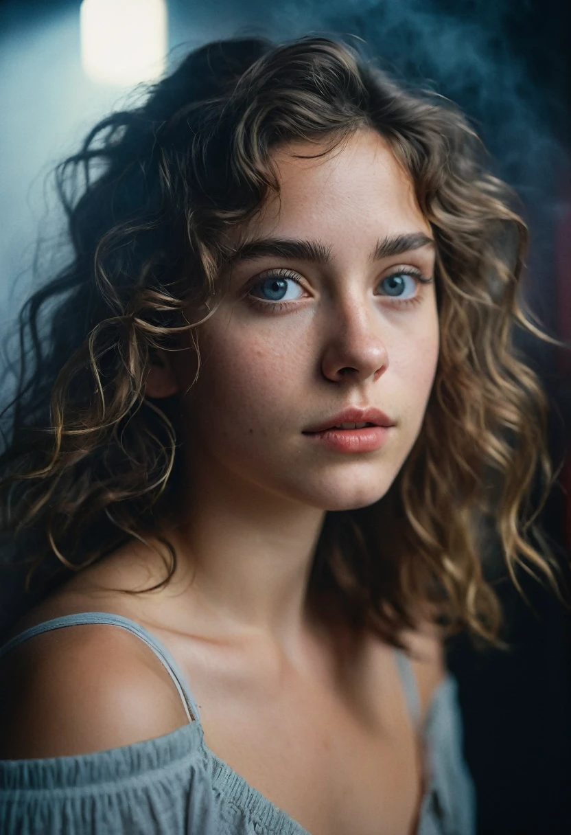 Portrait photography in cinema, 1 girl, bare shoulders, shoulder length wavy hair, serene, tranquility, (Realistic detailed eyes, Natural skin texture, Realistic facial details), Soft dramatic lighting, depth of field, hips, Vivid details, finely detailed, hyperrealistic, 35mm film, Foggy blur, movie,