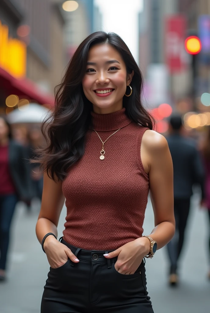 (masterpiece, best quality), beautiful chinese woman, detailed sleeveless turtleneck top, These strong, confident women have medium to plus size bodies, large chests, large hips. Attractive and curvy Eastern European chubby and curvy women, pants, necklace, wavy hair, perfect face, beautiful face, alluring, big gorgeous eyes, open mouth, happy, perfect slim fit body, (outdoor), city streets, new york, bright colors
