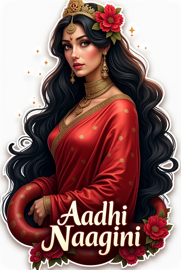 Create a short sticker for telegram profile icon based on Girl wear red saree with flowers as serpent queen.but include name Aadhi Naagini in the sticker .include crown on her head.