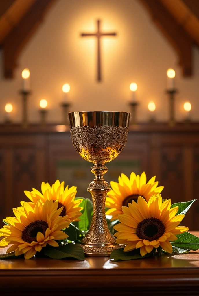 Chalice and Holy Communion kept in altar surrounded by sunflowers