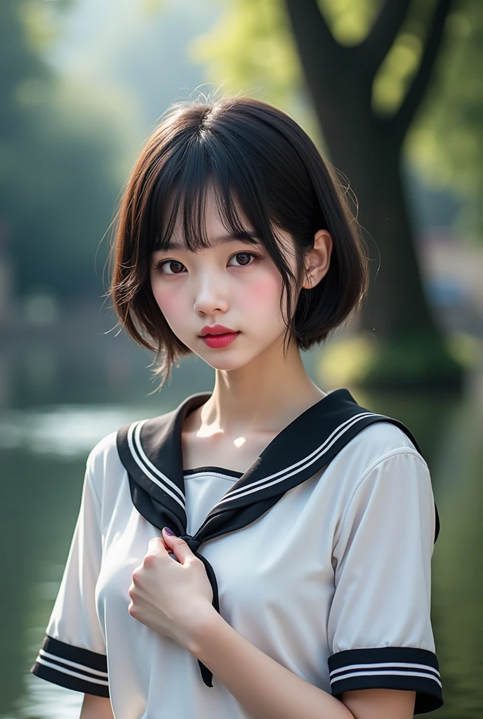 Realistic glowing skin, (sweating:1.4),Stand backwards,Look back at your face,Always look at the camera, (When the uniform gets wet with sweat, it becomes transparent..:1.4),(sweating:1.2),(Nipples:1.8),
Classic black and white sailor uniform,Summer clothes,Cold look,Cold Stare,Black Hair,short hair,Tie your hair short,Silky translucent white skin,best Realistic depiction,(Very detailed美しい顔), Great face and eyes, (Highest quality:1.4), (Very detailedな), (Very detailed CG 統合 8k 壁紙), Very detailed, High resolution raw color photos, Professional photography, Realistic portrait,
(Detailed RAW photos of the girl's whole body), Canon EOS R5 250mm, Sharp focus, Cinema Lighting, (No makeup:1.2), Fine skin, Delicate collarbone,Fine texture of the sailor uniform,Very Realistic sailor uniform texture,(Ultra-high resolution:1.6), (Realistic:1.6),