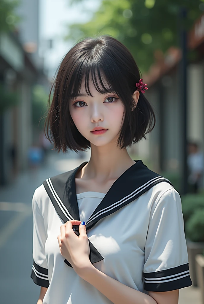 Realistic glowing skin, (sweating:1.4),Stand backwards,Look back at your face,Always look at the camera, (When the uniform gets wet with sweat, it becomes transparent..:1.4),(sweating:1.2),(Nipples:1.8),
Classic black and white sailor uniform,Summer clothes,Cold look,Cold Stare,Black Hair,short hair,Tie your hair short,Silky translucent white skin,best Realistic depiction,(Very detailed美しい顔), Great face and eyes, (Highest quality:1.4), (Very detailedな), (Very detailed CG 統合 8k 壁紙), Very detailed, High resolution raw color photos, Professional photography, Realistic portrait,
(Detailed RAW photos of the girl's whole body), Canon EOS R5 250mm, Sharp focus, Cinema Lighting, (No makeup:1.2), Fine skin, Delicate collarbone,Fine texture of the sailor uniform,Very Realistic sailor uniform texture,(Ultra-high resolution:1.6), (Realistic:1.6),