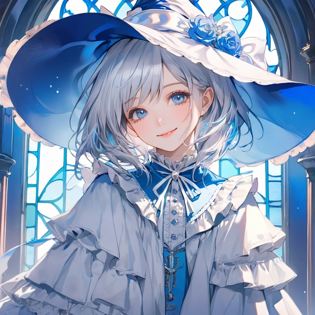 (pastel color theme art),(top-quality),(masterpiece),(1 girl),(solo),Delicately drawn face,girl with a pretty face,beautiful detailed blue eyes,beautiful detailed blue witch hat with white ribbon ornament,beautiful detailed blue ****ta witch fashions with ruffles,((white and blue costume)),(Beautiful silky white hair:1.3),pale skin,a beautiful artistic illustration,blue theme,beautiful smile,frontal face,wide shot,flat color,soft gradient,(standing in front of pastel blue stained glass wall),(stained glass is only blue)