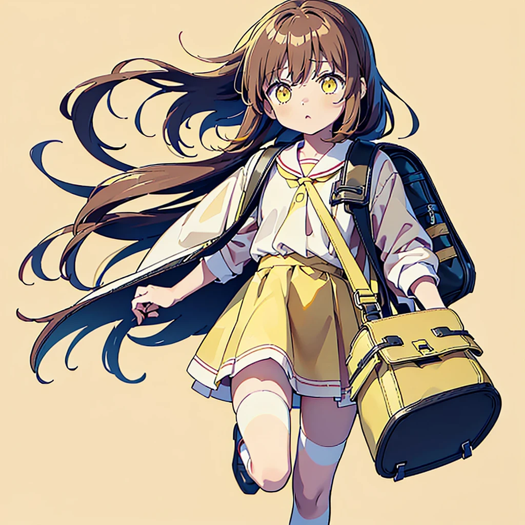 1girl,(((Perfect Anatomy、Highest quality、Masterpiece、Official Art、Super detailed、Dynamic structure、Anime Style)))、Elementary school students、(((Redワンピースで腰回りに黄色の大き目のボタン)))、White Y-shirt、Red🎀、White knee-high socks、Brown Loafers、Carrying a red backpack、Recorder is visible from the school bag、Being buffeted by strong winds、Image from above、Strong wind blowing from the viewer's side、Strong wind blowing from the direction of travel, hair blowing back、((Yellow simple background:1.5))、