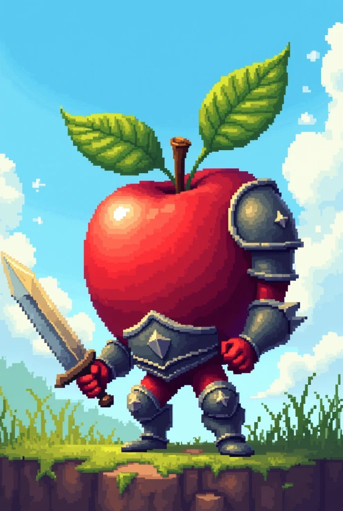 warrior apple in pixel art, make it much simpler, as if it were rented metal