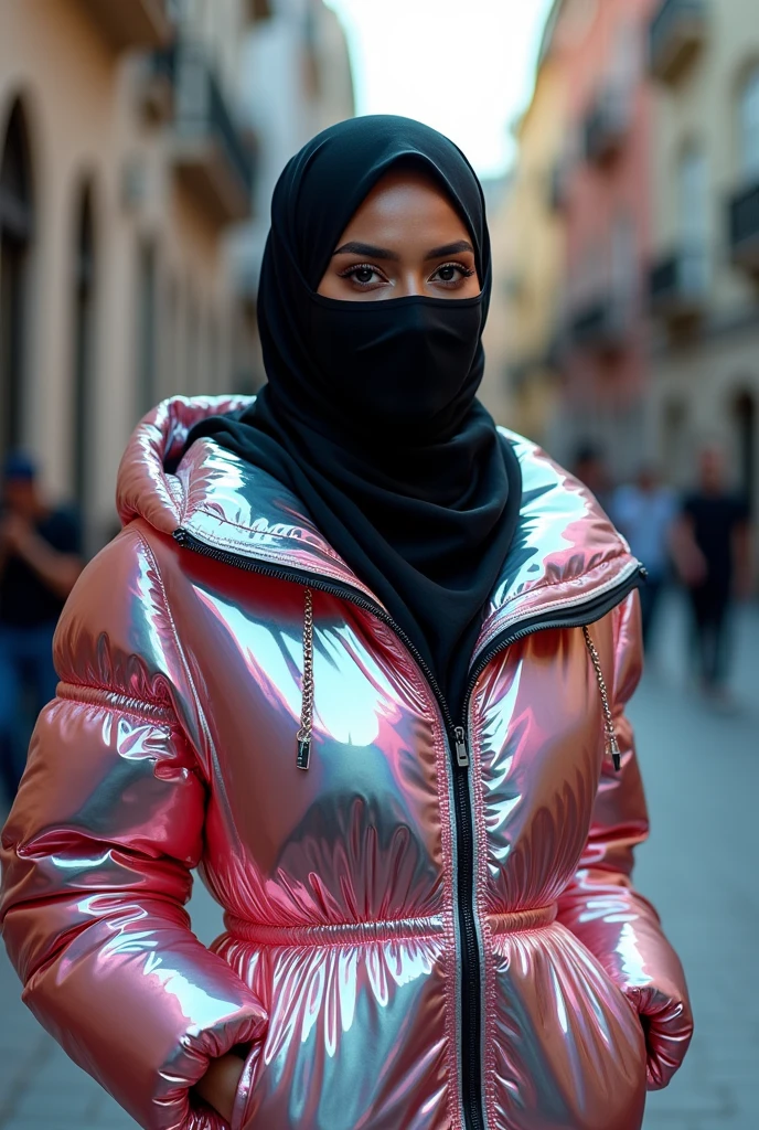 close up beautiful 30 year old hot girl.
She wears a very shiny plastic hijab on her head.
with a very shiny black plastic mask on his face.
wearing a long shiny plastic puffer jacket.
she wears a long traditional Arabic Caftan dress made of very shiny plastic.