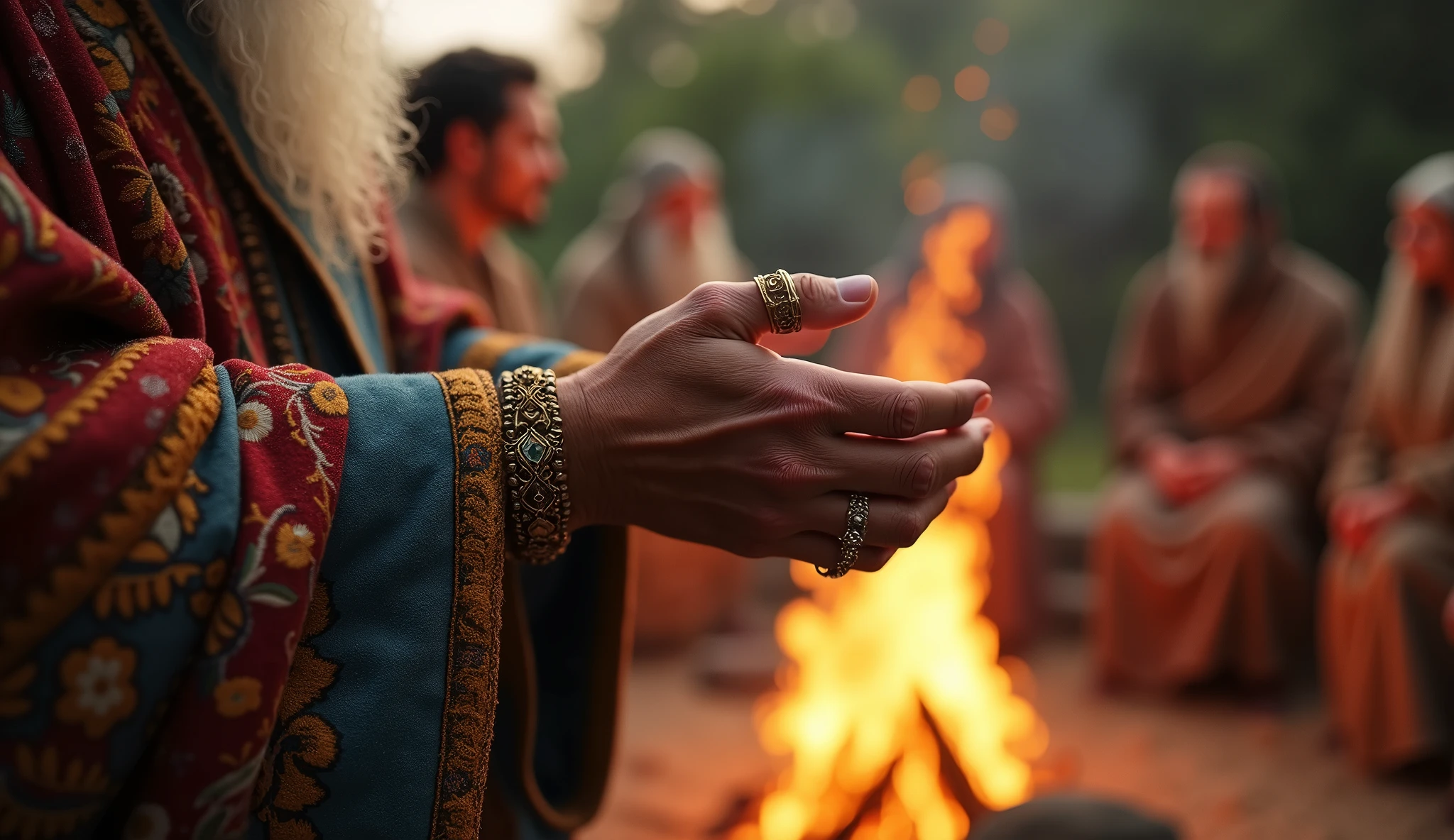 Create a close-up image of Solomon's hands handing a rich, finely embroidered woolen cloak to an elder, representing a gesture of generosity and respect. Hands must be detailed, showing the gold rings and sleeves decorated with embroidery typical of biblical times. The cloak must be represented with detailed textures, capturing the richness of the fabric and traditional patterns. Ao fundo, softly blurred, show a scene of a burning bonfire, with other people gathered together, symbolizing the protection and warmth that comes from shared generosity.