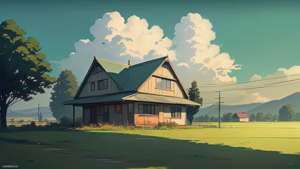 There is a painting of a house standing in a field with electric wires strung across it., Anime countryside landscape, simon stålenhag color scheme, Anime scenery, Simon Stenhaag Palette, style of simon stalenhag, Anime sceneryコンセプトアート, Simon Stålenhag Very detailed, Lo-fi art style, Atei Gailan Style, ( ( Makoto Shinkai ) )