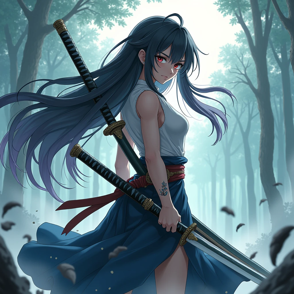 Raw photo of one female maid, Stand in a combat stance, Pulling the sword out of the sheath in her hand, Ready for Battle, In full-made clothes (maid clothes) (Bamboo forest wind), (The wind lifted the leaves), Cut her shoulder ( high skin detail: 1.2), 8K UHD, SLR camera, Soft lighting, High quality, Film grain, FujifilmXT3