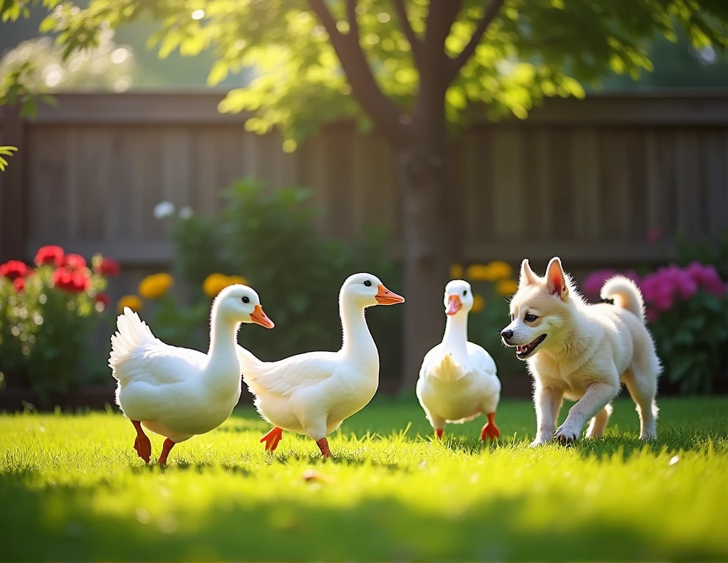 A family of three white Chinese geese and a Bangkaew dog in the backyard.