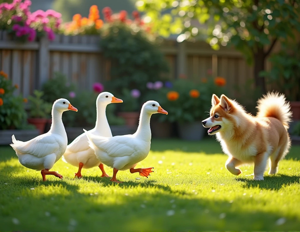 A family of three white Chinese geese and a Bangkaew dog in the backyard.