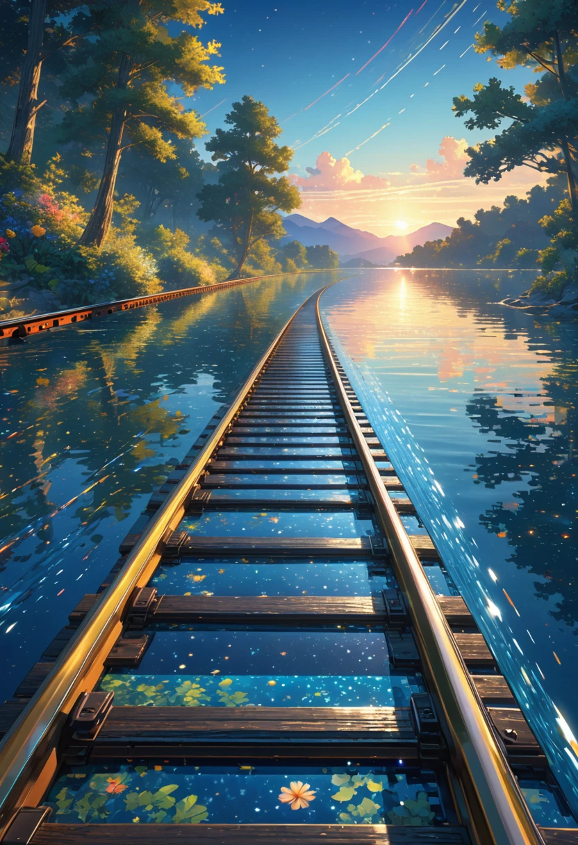 score_9, score_8_upper, score_7_upper,(((A train running on water))),Large Lake,Sunken rail,(((Angle from the front))),One-point perspective,(((Blue overall color))),summer,horizontal line,Morning Glow,Starry Sky,Streaks of Light,(masterpiece, Highest quality, Highest quality, Official Art, beautifull, beautiful:1.2,Ray Tracing),Very detailed,Blue tones,Very detailed, (Fractal Art:1.3), Most detailed, High resolution, Impressive visuals, (Dynamic Stripes, Light trail:1.2), Vibrant colors ,Detailed Images