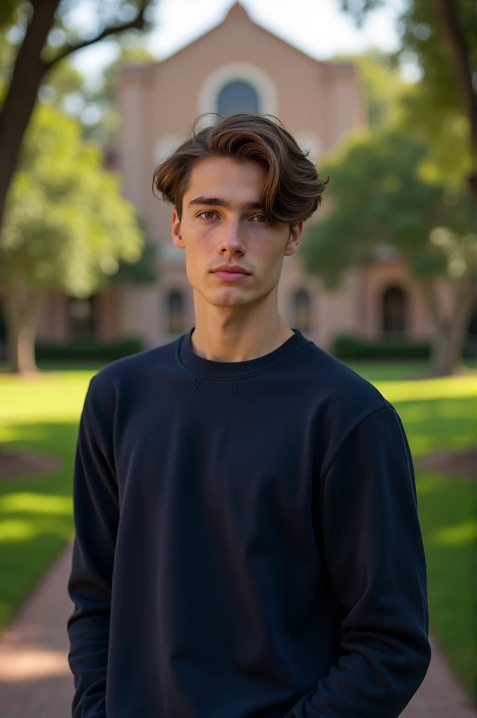 Create a hyper realistic poster of a white MAN, with wavy brown hair and brown eyes, hairstyle must be short curtains/middle part, slim build, dark navy blue sweater/jersey, background must be the University of the Incarnate Word in San Antonio, facial expression must be neutral. Ethnicity must be white. Jawline must be a little bit femenine.