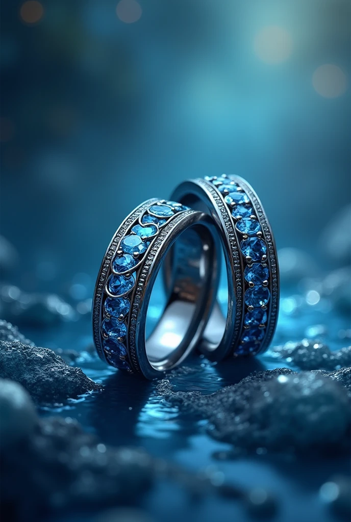 **Color and Materials**: A woman's ring may be made of silver or platinum with a blue-blue sheen, reflecting the power of water. A man's ring may be made of the same material, but with a black or dark blue sheen, reflecting the strength and mystery of the warrior. **Pattern on the Rings**: Both rings may have a consistent pattern, such as a continuous wave pattern flowing from Eloise's ring to Kirill's ring, or a sword pattern wrapped around the waves. When both rings are close together, this pattern forms a complete picture.
- **Decorative gems**: A woman's ring might feature a sky blue gemstone or diamond that reflects the clarity and elegance of water, while a man's ring might feature a dark blue or black gemstone that reflects strength and composure. **connection**: Both rings may have magical powers that allow them to sense each other when close together, or when both need each other's help. The rings may emit a glow or a feeling that allows them to know that their buddy needs help.