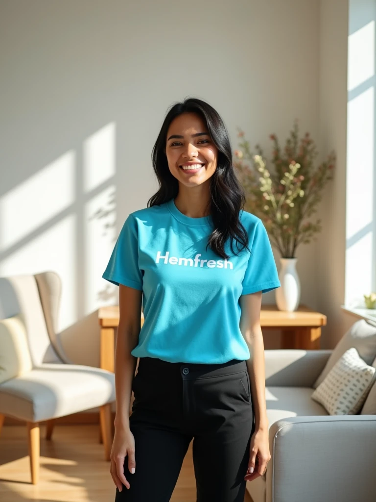 A 30-year-old latin cleaning lady with a smile and black hair, wearing a blue t-shirt with a very clear 'HEMFRESH' logo and black trousers. She cleans a living room inspired by Scandinavian design during the Easter time. The living room is brightly lit, showcasing a beautifully decorated Easter time that enhances the festive atmosphere. The decorations and furniture reflect Scandinavian design principles: simplicity, minimalism, and functionality, contributing to the cozy feel of the space. The image should be overwhelmingly realistic, without contrast adjustments, with soft shadows and sharp focus. Use a 24mm film feel for a natural color