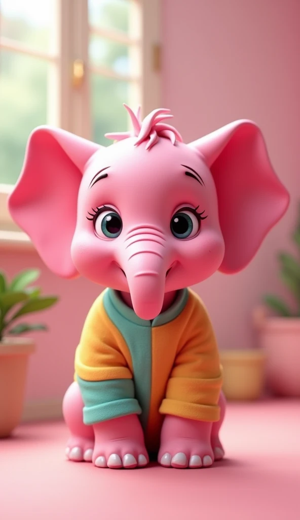 Perfect centering, Looking at the camera, a close up 2/3 of a cartoon pink elephant wearing a shirt, 3 d animation demo reel, 3d animation, 3 d animation, 3 d animated movie, 3d animated, 3 d animated, tv commercial, clay animation, cgi animation, cute! c4d, cute 3 d render, pixar 3 d animation style, 4 k, 3 d cartoon