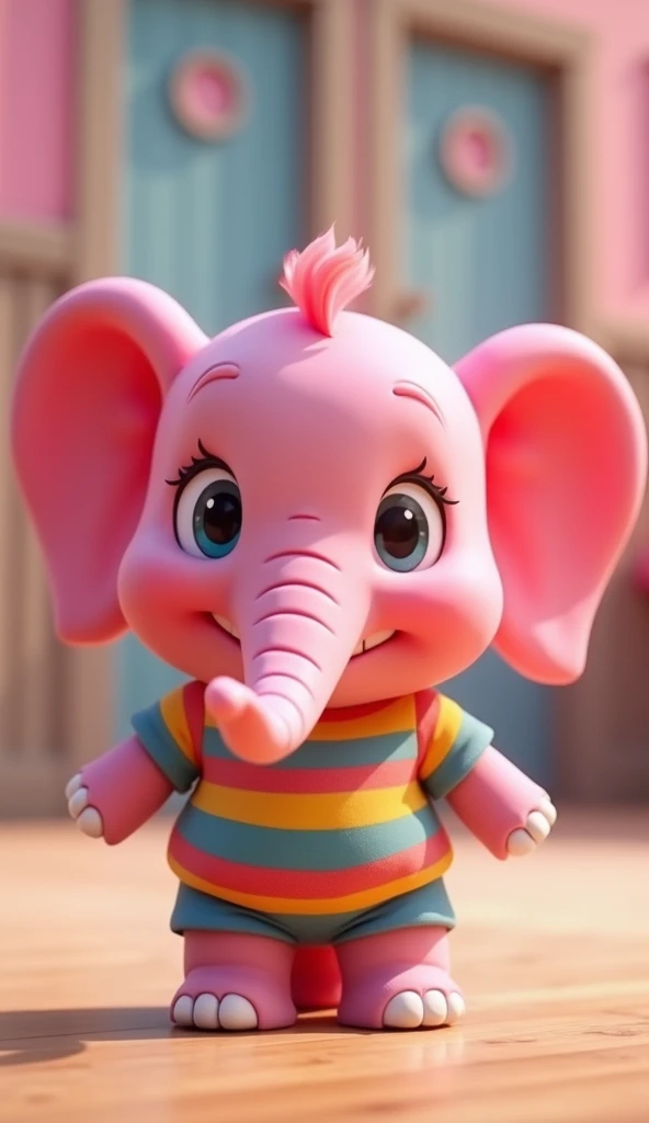 Perfect centering, Looking at the camera, a close up 2/3 of a cartoon pink elephant wearing a shirt, 3 d animation demo reel, 3d animation, 3 d animation, 3 d animated movie, 3d animated, 3 d animated, tv commercial, clay animation, cgi animation, cute! c4d, cute 3 d render, pixar 3 d animation style, 4 k, 3 d cartoon