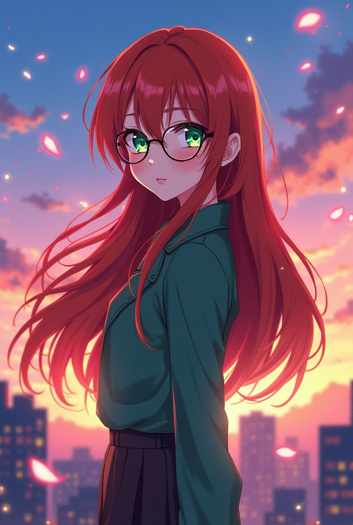 A redhead anime woman with glasses and emerald eyes