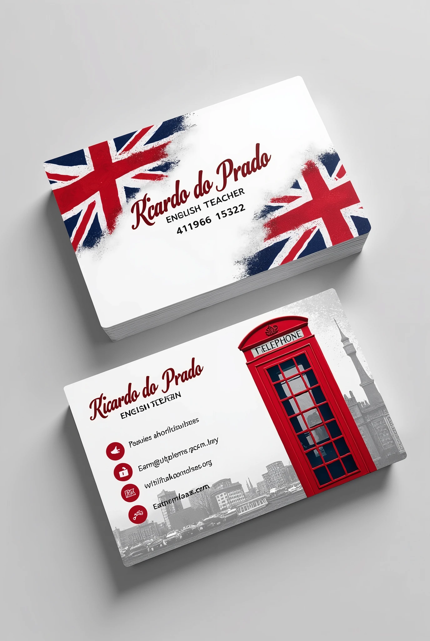 Please, create me a business card for an English teacher, British and American, with the name of : Ricardo do Prado and the telephone : 41995615232 with online and in-person classes.