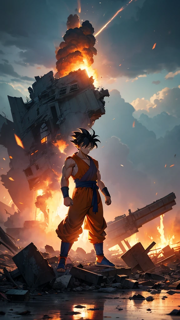 Goku standing with his head held high, his gi torn and body bruised, but with a look of unwavering resolve. The background is a battlefield in ruins, with smoke and debris around him, but Goku remains a symbol of strength and endurance.