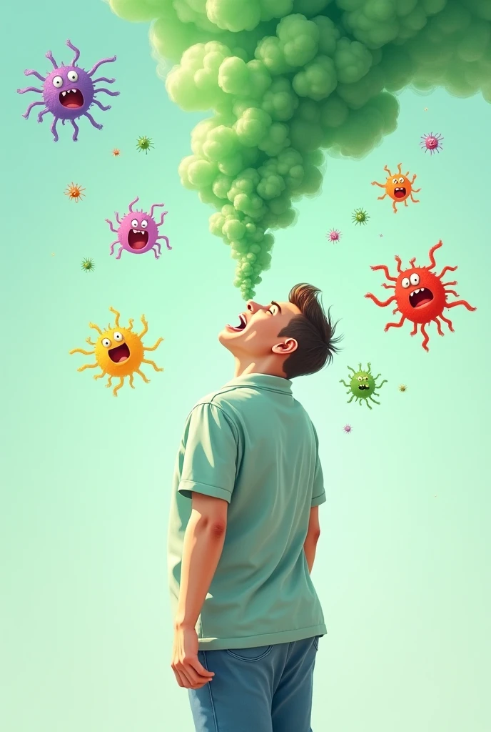 Image of a person with transparent greenish smoke coming out of their mouth representing their bad breath and several germs around them .the image is creative, colorfully, several details
.The environment is clear