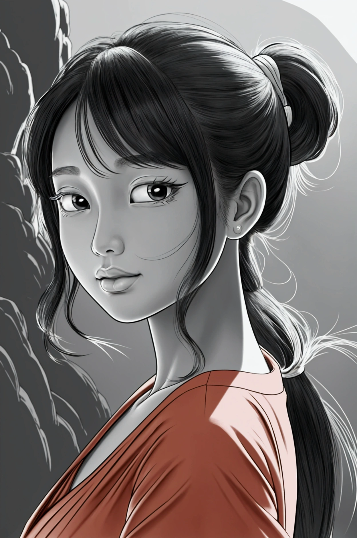 As a coloring book, the color should be black and white, the border should be simple, clear, and bold. A cartoon picture book of a realistic Asian girl with a ponytail, a girl takes a picture at the Leshan Giant Buddha