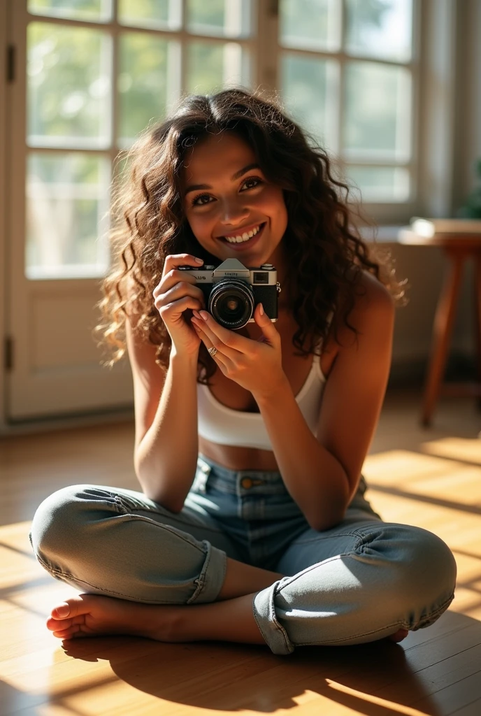 A brunette girl with curly hair and big breasts sits with her legs stretched out, taking a realistic photo