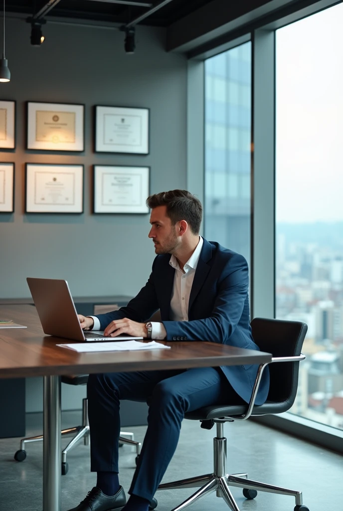 A professional male sitting in front of his desk in a modern office