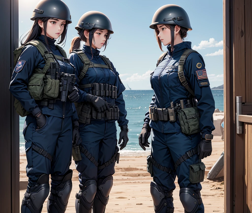 Three female special forces soldiers wearing helmets,Navy blue uniforms、Military Pants、Magazine Pouch、Tactical Shoulder Strap、Knee pads、Standing side by side、Write details、masterpiece、best quality、Highly detailed CG、8K picture quality