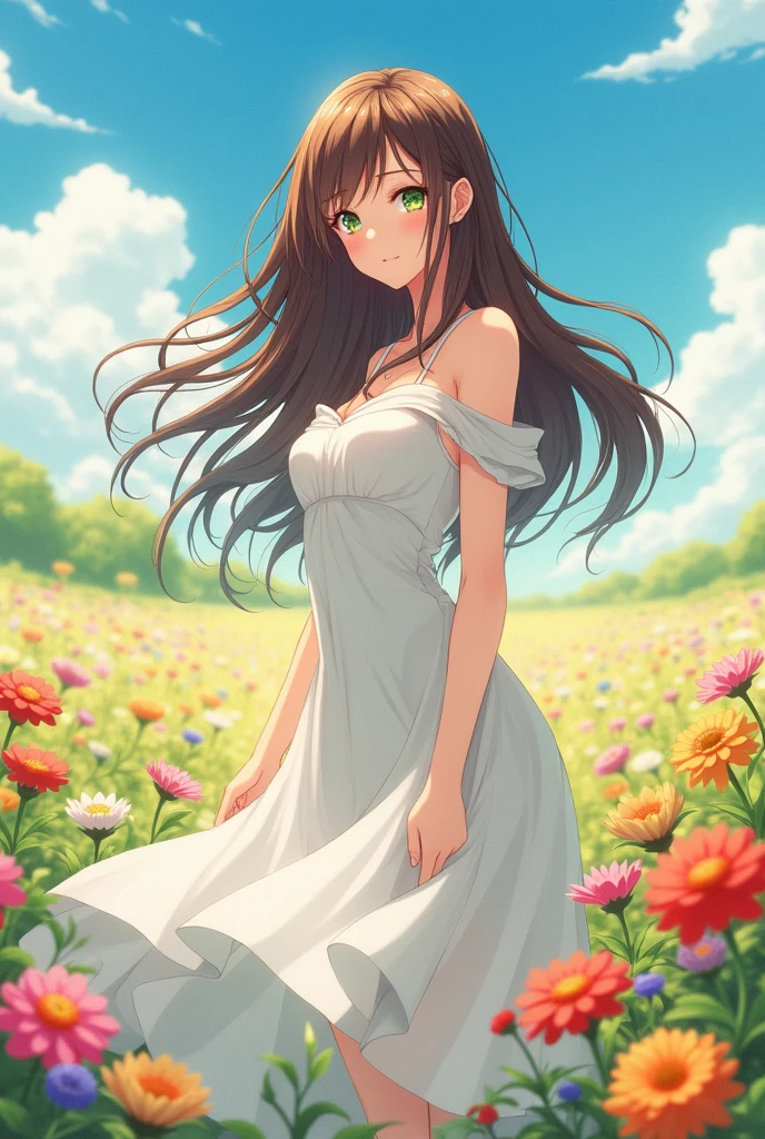 Brown Hair、Adult women、long、Green Eyes、White dress with covered shoulders、anime、Flower Field