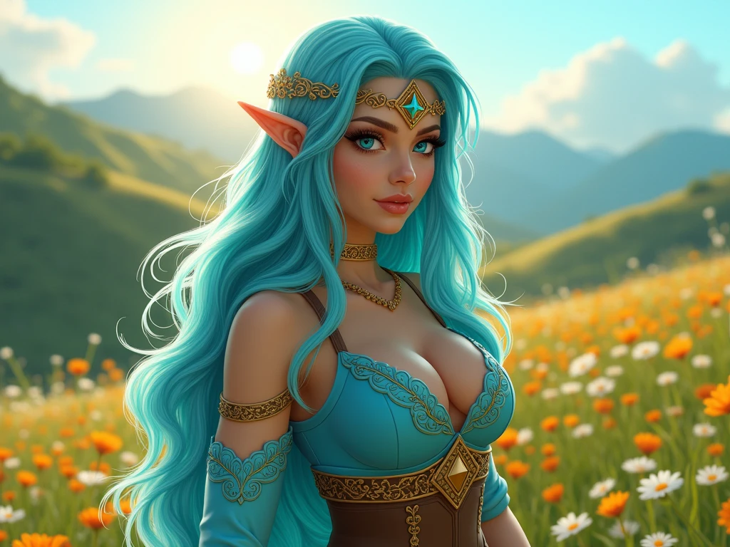beautiful biracial latina woman, long light blue hair, light blue eyes,large breasts, wear zelda cosplay, in a valley, look and hold the triforce, extremely detailed full body ,Résolution Haute,