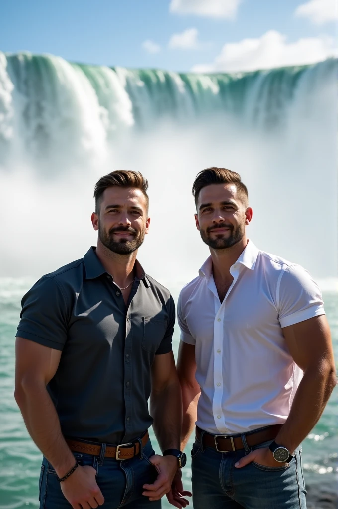 Make a realistic photo in which two guys are standing straight in which one guy is fit have medium hair and medium beard and other guy is muscular body and have medium hair and medium beard in niagra falls both were in desinger shirts