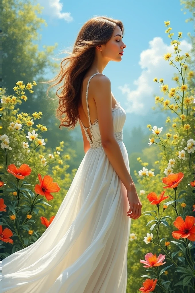 A captivating watercolor painting of a young woman in an ethereal, flowing gown, set amidst a garden bursting with vibrant, blooming flowers. The early morning sun casts a warm, golden glow on her figure, highlighting her silhouette and creating a soft gradient effect. The wet on wet technique is masterfully used to blend the colors and create a dreamlike atmosphere, with the woman's figure seamlessly merging with the surrounding flora.