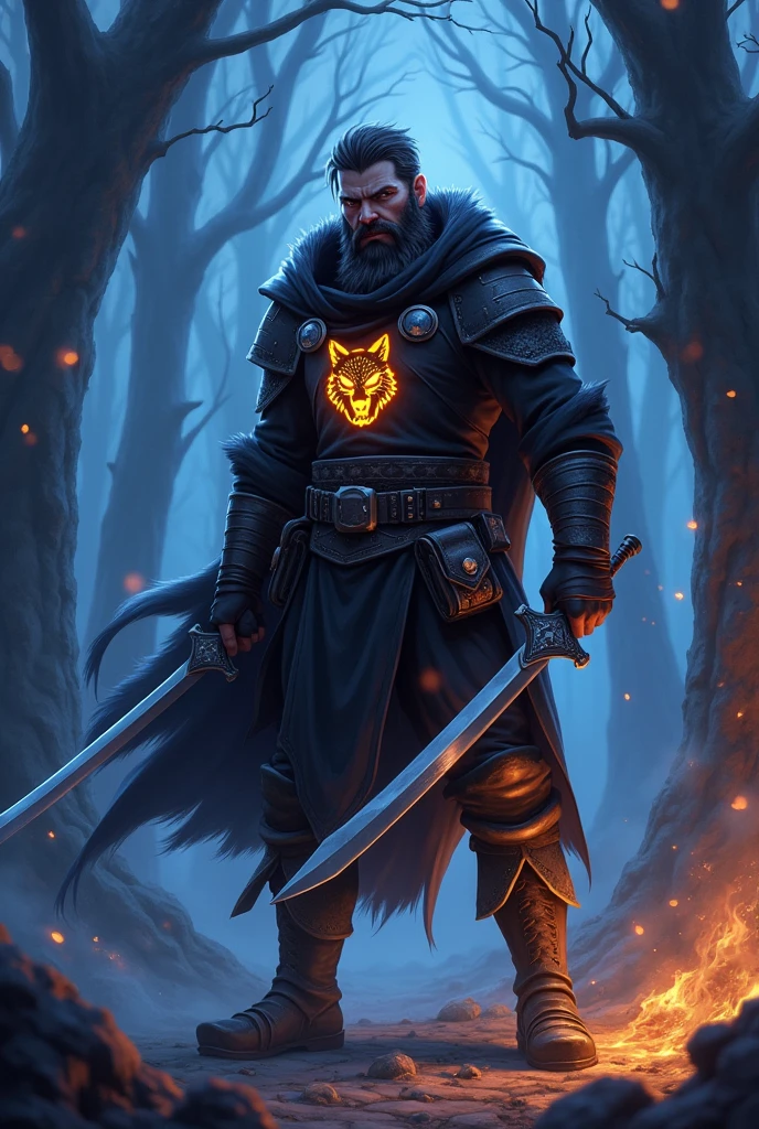 Animé, Nain , inspirée par un chaman nain de l’animé goblin slayer (un jeune homme barbu) avec des vêtements de combat ( noir avec le logo d'un loup'tête avec deux sabres), pantalon noir,