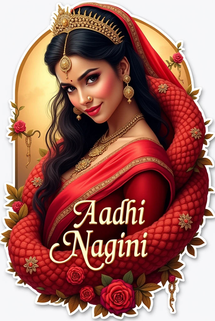 Create a short sticker for telegram profile icon, based on Girl wear red saree with flowers as serpent queen.but include name Aadhi Naagini in the sticker .include crown on her head.picture should be too short