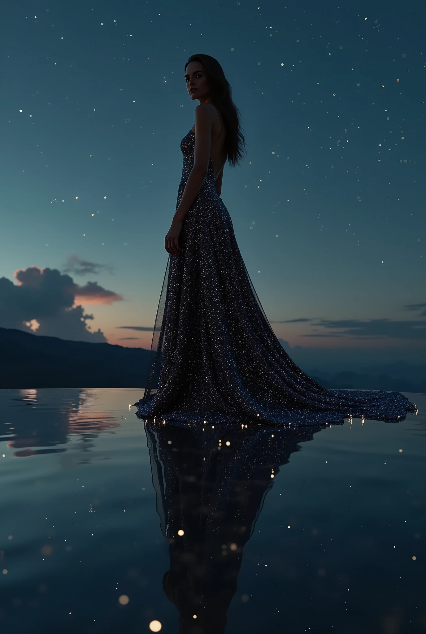 Create an award-winning, ultra-realistic CGI image featuring a stunning supermodel wearing a dress that is perfectly color-matched to the starry night sky. The dress should be designed with advanced color-matching techniques, ensuring that the hues, tones, and luminosity of the fabric precisely reflect the deep blues, blacks, and twinkling stars of the sky. The patterns on the dress should mirror the exact placement and brightness of the stars above, creating a seamless blend where the dress becomes an extension of the celestial backdrop.
The image should be composed with a low-angle perspective, emphasizing the fluid transition where the dress and sky merge without any noticeable difference in color or texture. The model’s pose should highlight this connection, with careful attention to lighting and shadows to ensure the dress reflects the same light as the stars. This approach will create a visually stunning effect where the model appears almost ethereal, as if she is part of the night sky itself.
The overall composition should focus on achieving a flawless integration of the dress and sky, using precise color calibration and texture blending to overcome any issues with mismatched colors, ensuring a truly seamless and breathtaking visual experience.