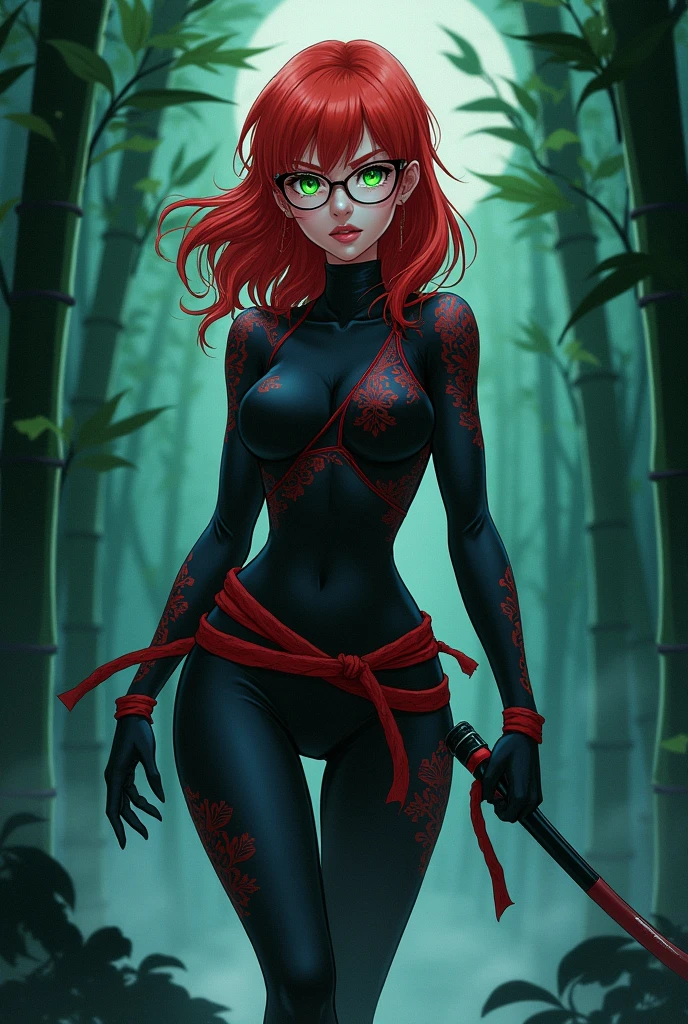 A redhead anime ninja woman with glasses and emerald eyes 