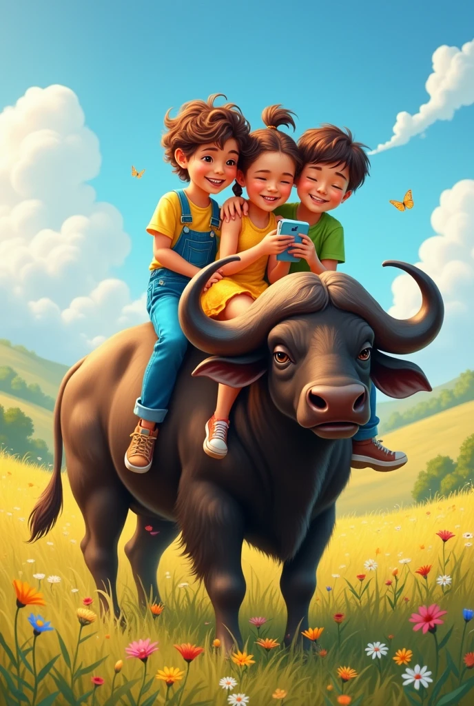 Two young boys and girl are sitting on a buffalo and watching videos on a phone 