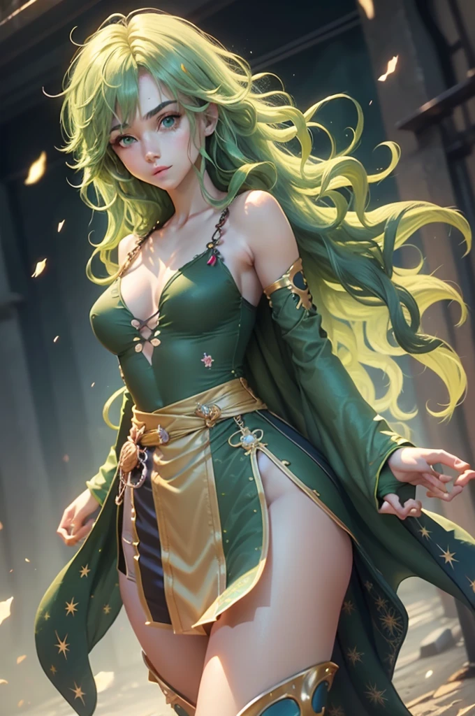 1girl,solo,cowboy shot,standing,(green hair:1.2),long hair, flipped hair,bangs,hair ornament,(green eyes:1.2),(beautiful fingers:1.4),(perfect anatomy:1.4),(arms_behind_back:1.6),masterpiece,best quality,(Ultra high definition eyes:1.2),8k,(Beautiful detailed eyes:1.2),(Fine and beautiful eyes:1.2),(pretty eyes:1.2),finely detail,extremely CG, absurdres,high resolution,illustration,Detailed and beautiful outlines,finely detail,high resolution,(colorful refraction:1.4,Increase saturation:1.2),beautiful lighting,dynamic lighting,closed room,black background,simple background, smile,looking at viewer,rydia,green cape, green leotard, belt, detached sleeves,green thigh boots