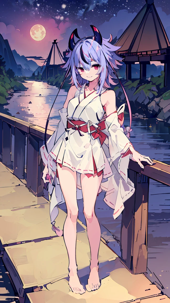 masterpiece, Highest quality, High resolution, Very detailed,(((Mikoto Naruka))), (((smile)))、(((Standing in the distance))), (((yukata))), (((On Bridge))), (((full moon))), (((Lantern))), (((river))), (((night))), (((Multicolored Hair))), (((horn))), (((Pink Eyes)))