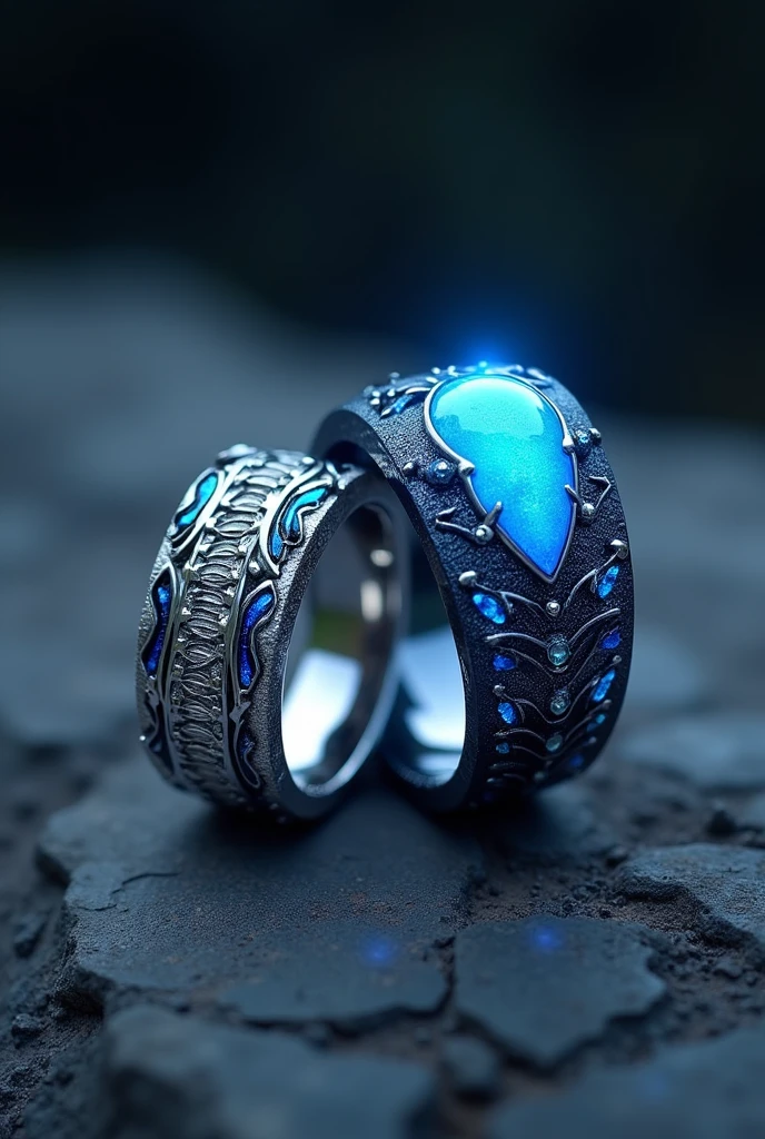  **Color and Materials**: A woman&#39;s ring may be made of silver or platinum with a blue-blue sheen, reflecting the power of water. A man&#39;s ring may be made of the same material, but with a black or dark blue sheen, reflecting the strength and mystery of the warrior. **Pattern on the Rings**: The two rings may have a consistent pattern, such as a wave pattern that flows from the woman&#39;s ring to the man&#39;s ring, or a sword pattern wrapped around waves, which, when the two rings are close together, form a complete image. **Decorative gems**: A woman&#39;s ring might feature a sky blue gemstone or diamond that reflects the clarity and elegance of water, while a man&#39;s ring might feature a dark blue or black gemstone that reflects strength and composure. **connection**: Both rings may have magical powers that allow them to sense each other when close together, or when both need each other's help. The rings may emit a glow or a feeling that allows them to know that their buddy needs help.